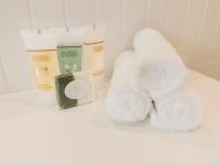 Image shows toiletries and washcloths