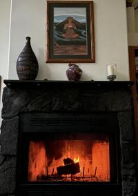 Lava rock wood burning fireplace